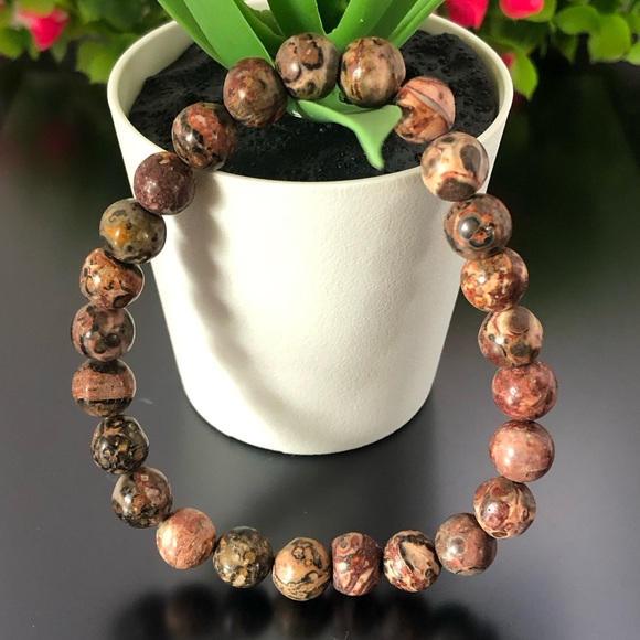 Red Leopard Jasper 8mm Natural Stone Beads Stretchable Bracelet - Picture 2 of 5